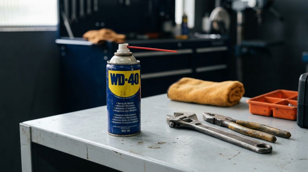 Spray WD-40 em uma bancada de trabalho com ferramentas