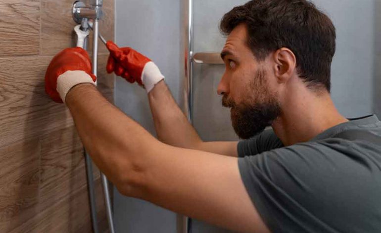 Homem consertando chuveiro com luvas vermelhas.