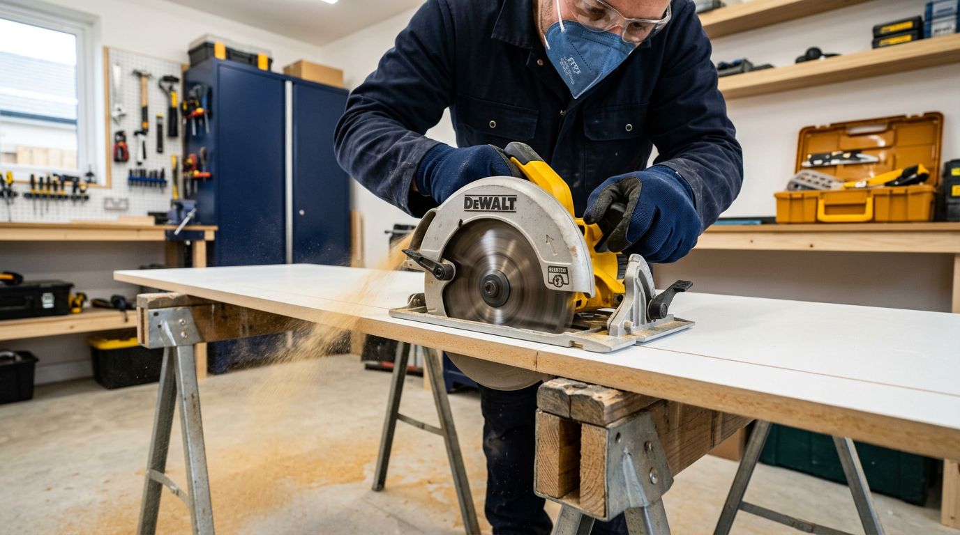 Homem utilizando serra circular DeWALT em oficina