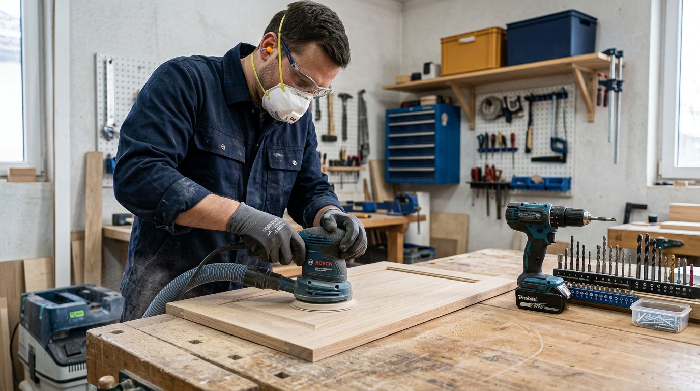 Marceneiro utilizando uma lixadeira em um projeto de madeira