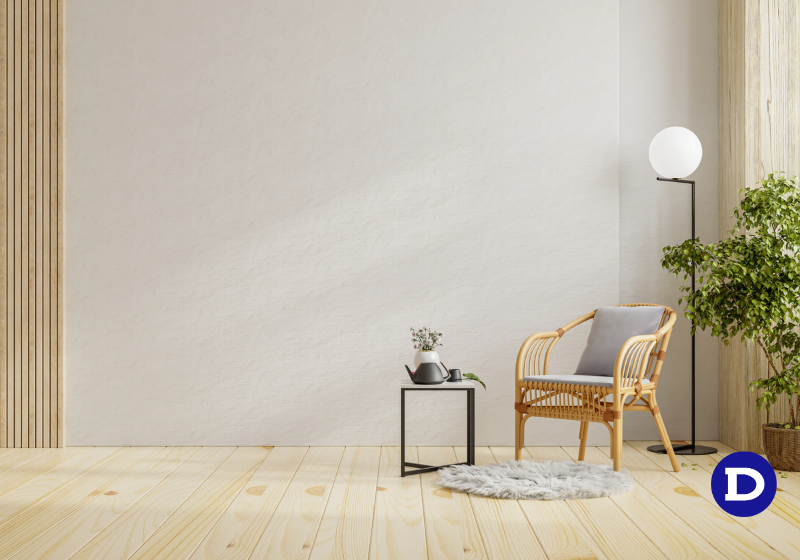 Imagem de uma parede de um quarto pintada com tinta que combina com o piso do chão