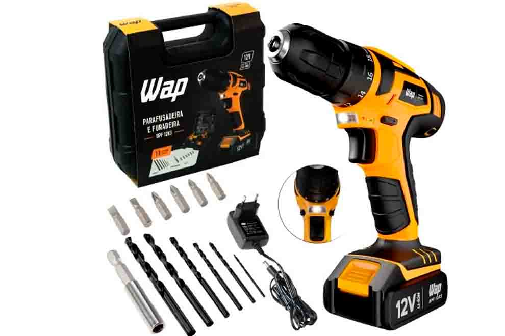Parafusadeira Wap 12V com acessórios e maleta