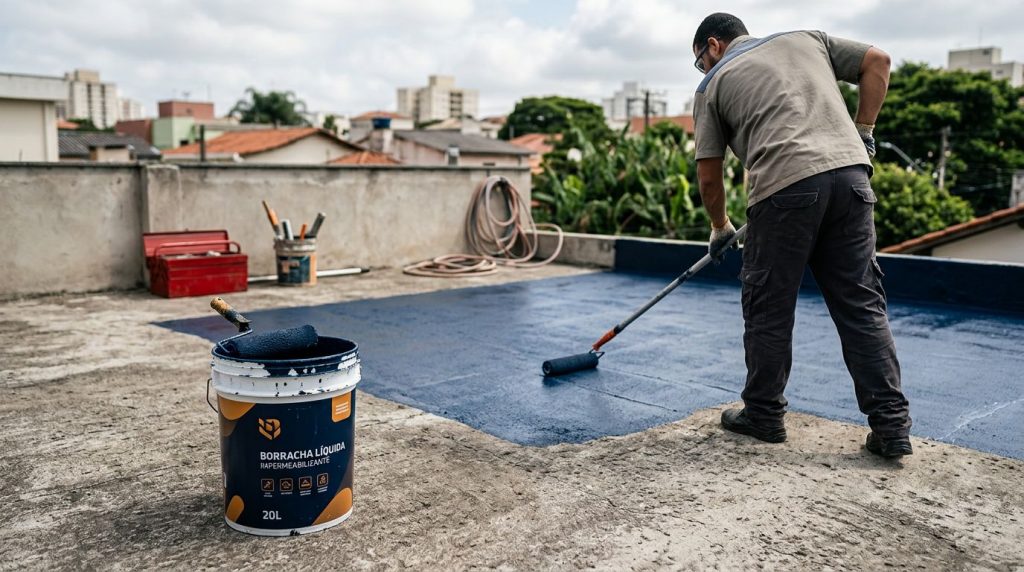 Homem aplicando borracha líquida no telhado