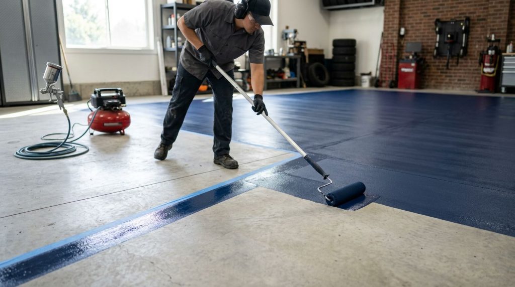 Homem pintando piso de garagem com rolo