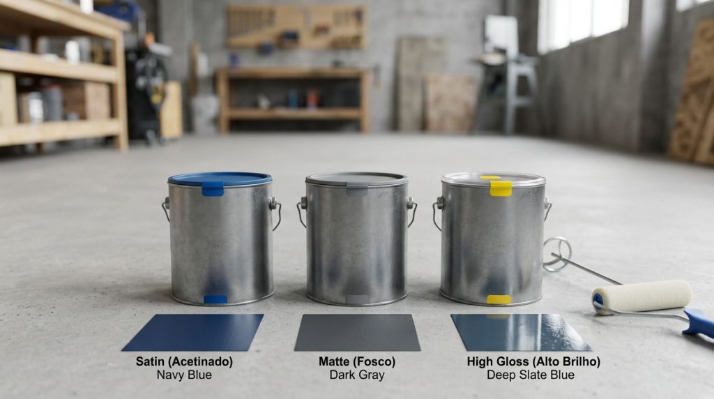 Latas de tinta nas cores azul e cinza em workshop