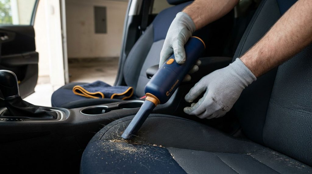 Limpeza de assento de carro com aspirador portátil