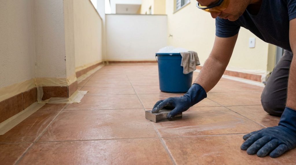 Homem limpa piso de cerâmica com escova