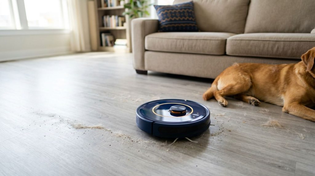 Robô aspirador limpa sujeira ao lado de um cachorro
