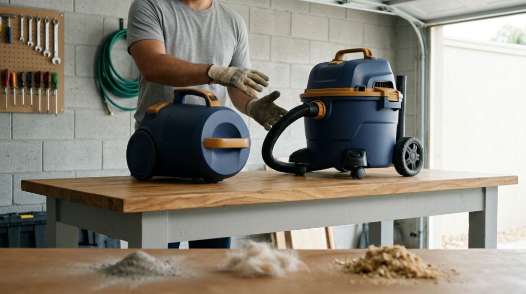 Soprador e aspirador em ambiente de garagem.
