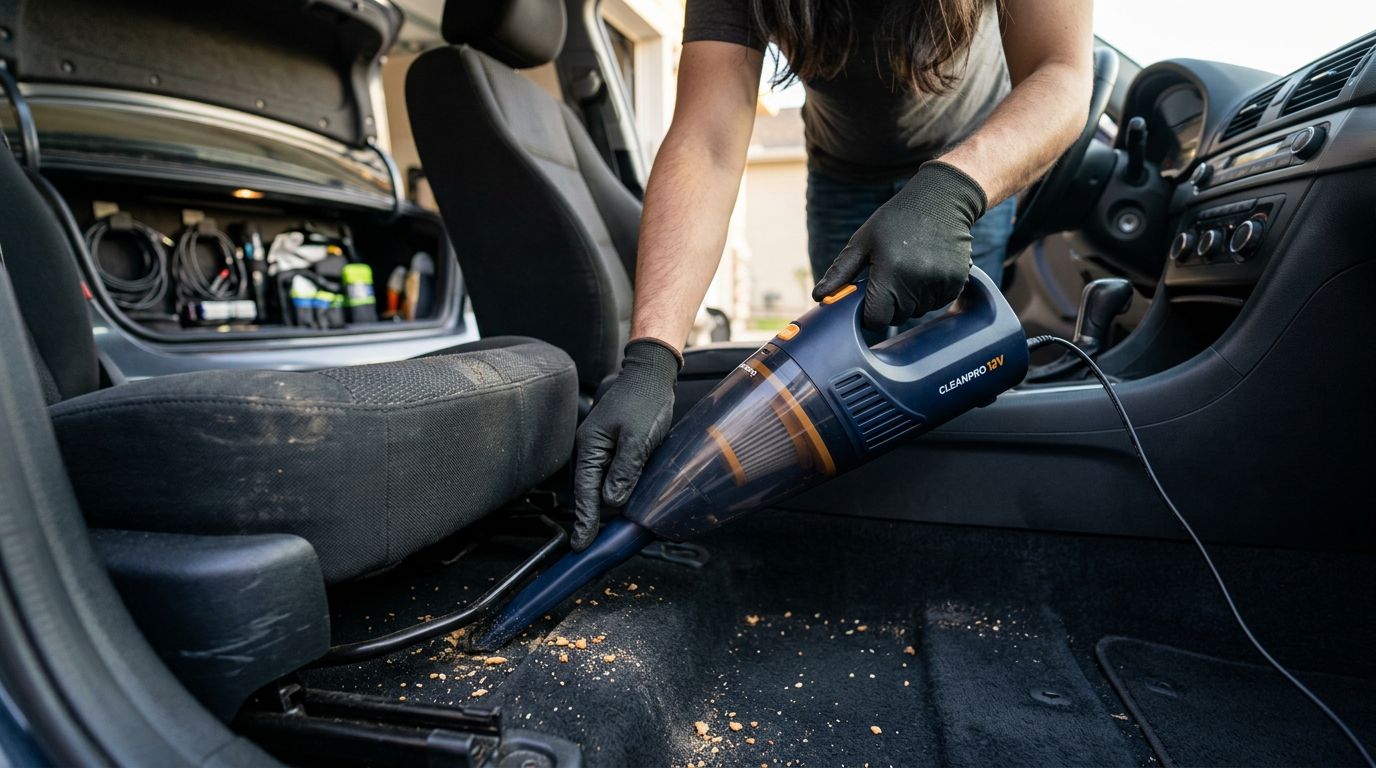 Homem aspirando o interior de um carro