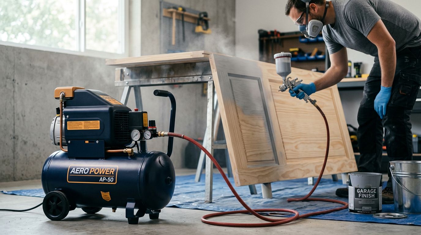 Homem usando compressor na pintura de madeira