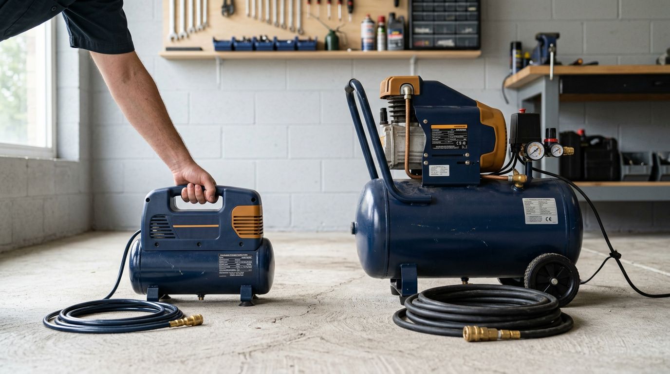 Compressores de ar em oficina com ferramentas ao fundo