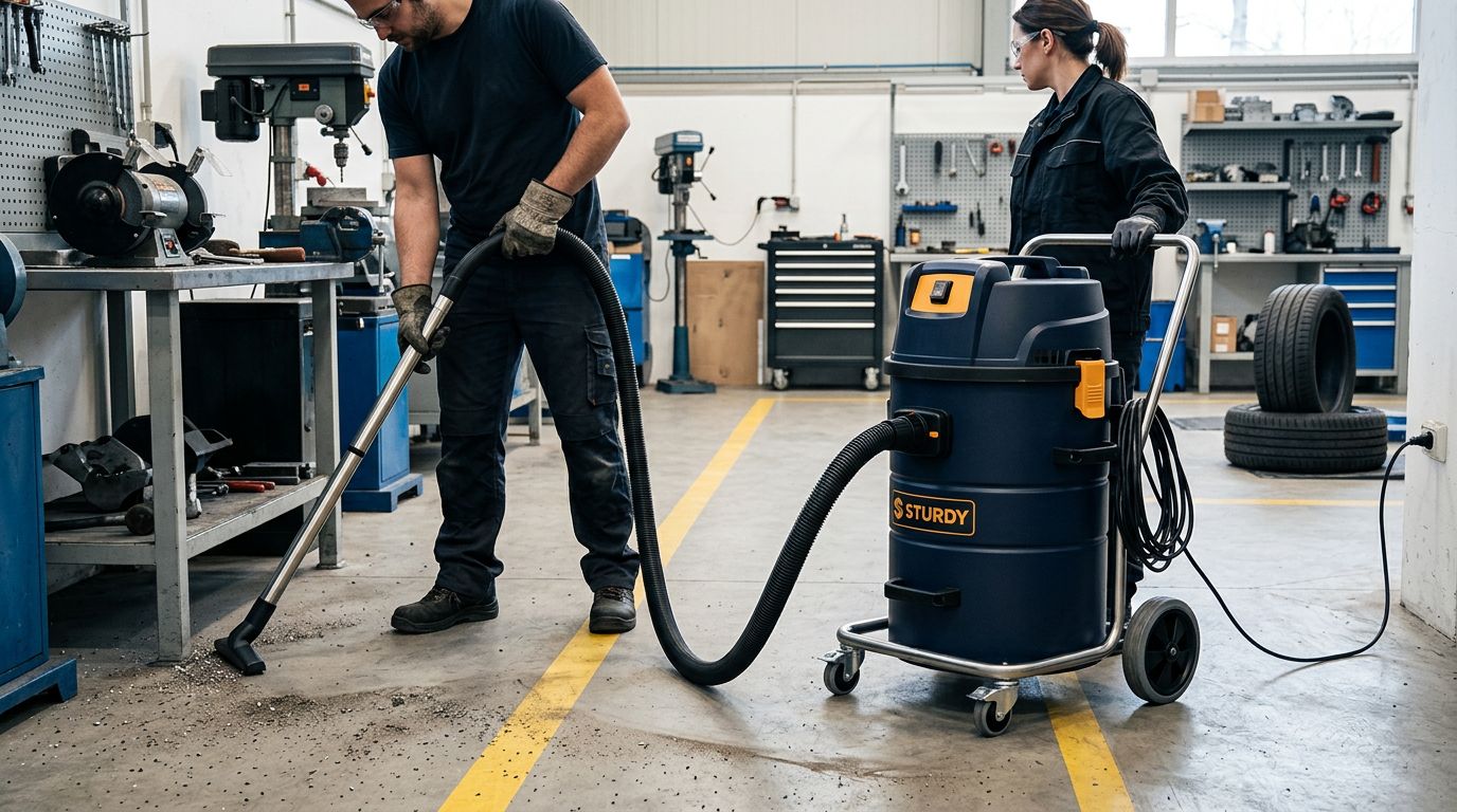Funcionário limpando oficina com aspirador industrial