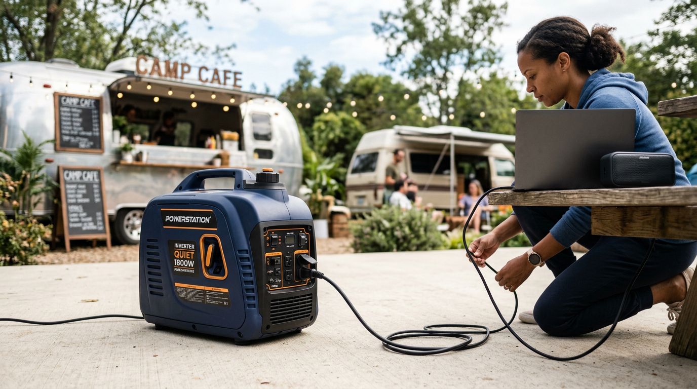Gerador portátil sendo utilizado em local de camping.