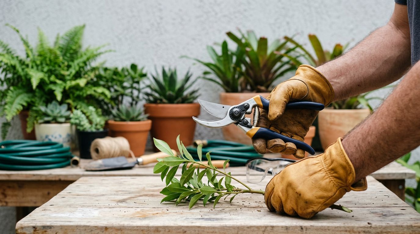 Pessoa podando plantas em ambiente de jardinagem.