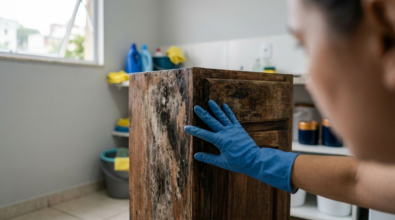 Mulher limpa um móvel de madeira com luva azul
