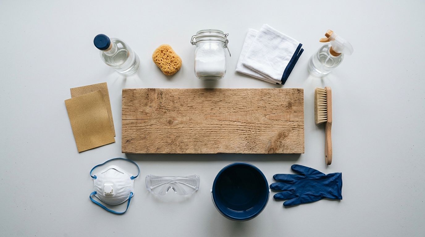 Materiais de limpeza e proteção em uma mesa.