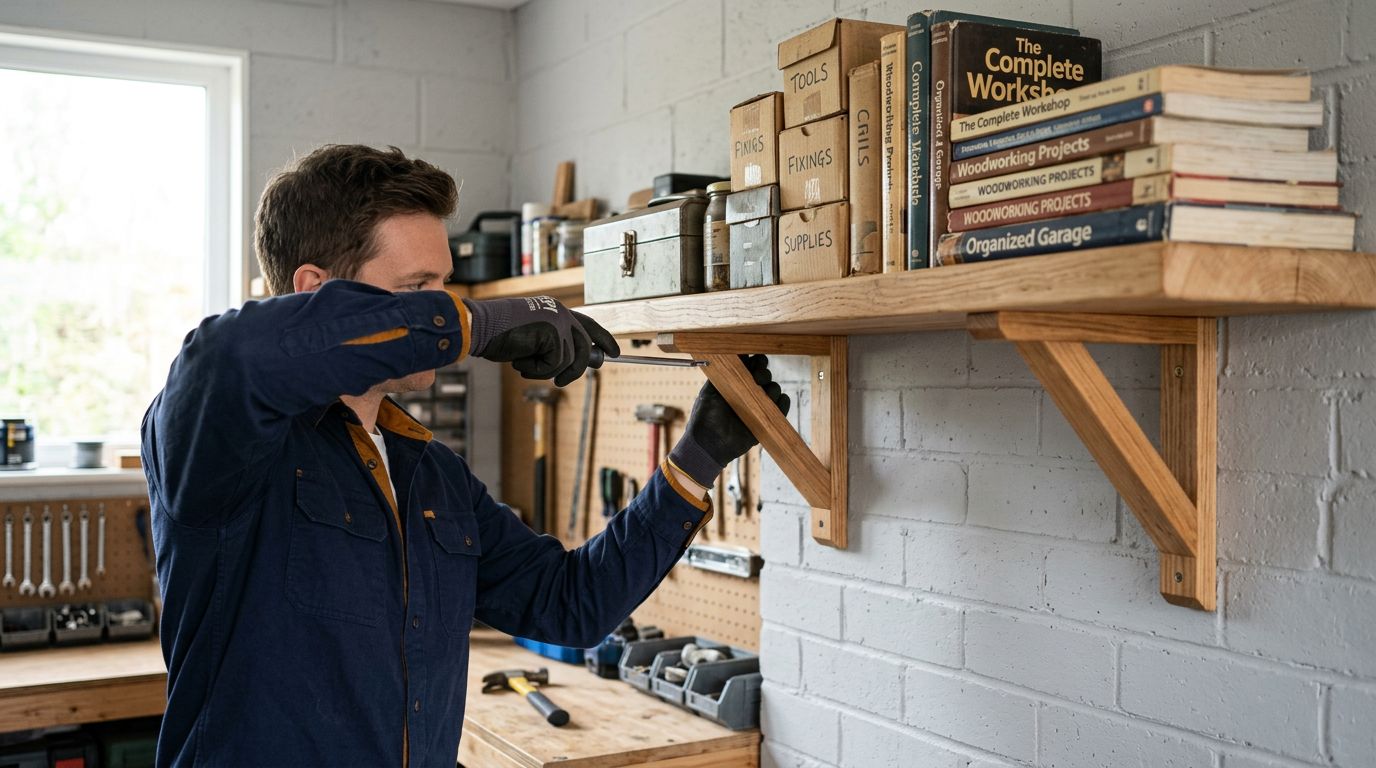 Hombre montando prateleira de madeira na oficina