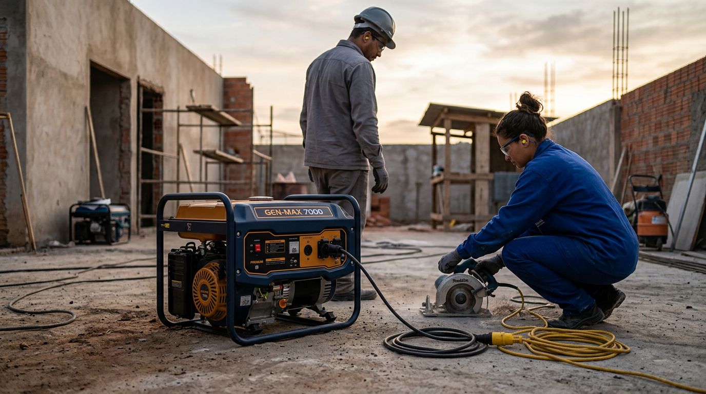 Pessoas operando gerador e serra em obra