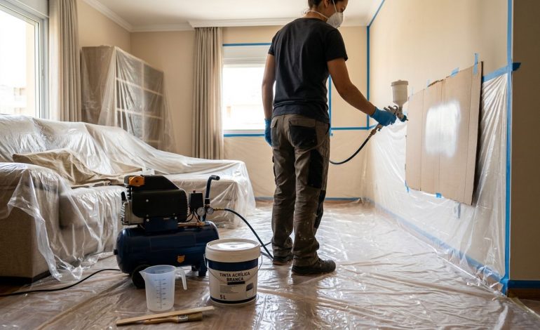 Pintura de parede com spray em sala de estar